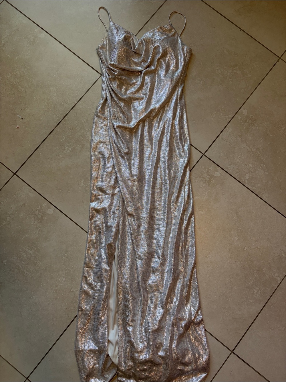 Silver Metallic Cowl Neck Slip Dress - Elegant Evening Gown